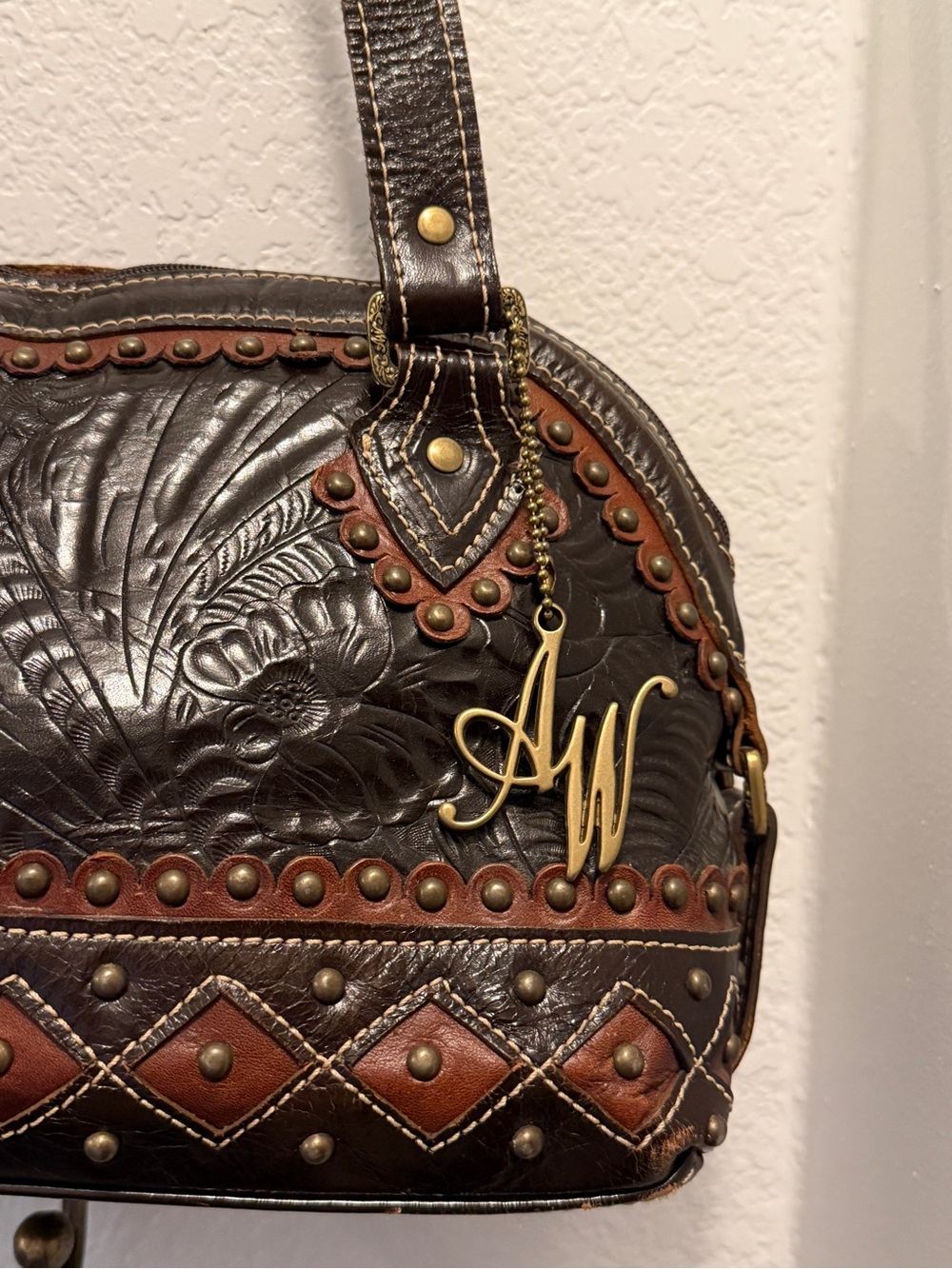 American West Hand Tooled Leather Satchel Purse Brown Floral Western Handbag